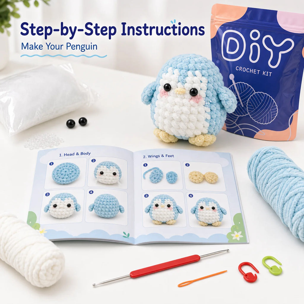 Kit crochet pingouin — fil chenille pour débutants