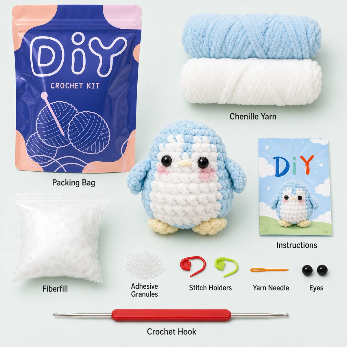 Kit crochet pingouin — fil chenille pour débutants