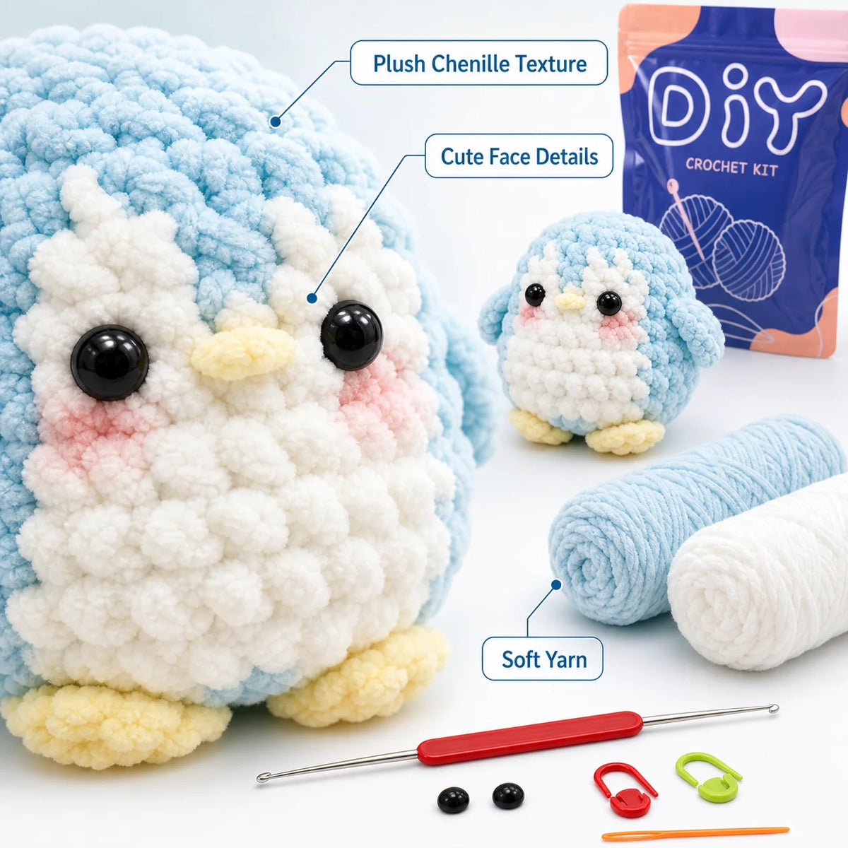 Kit crochet pingouin — fil chenille pour débutants