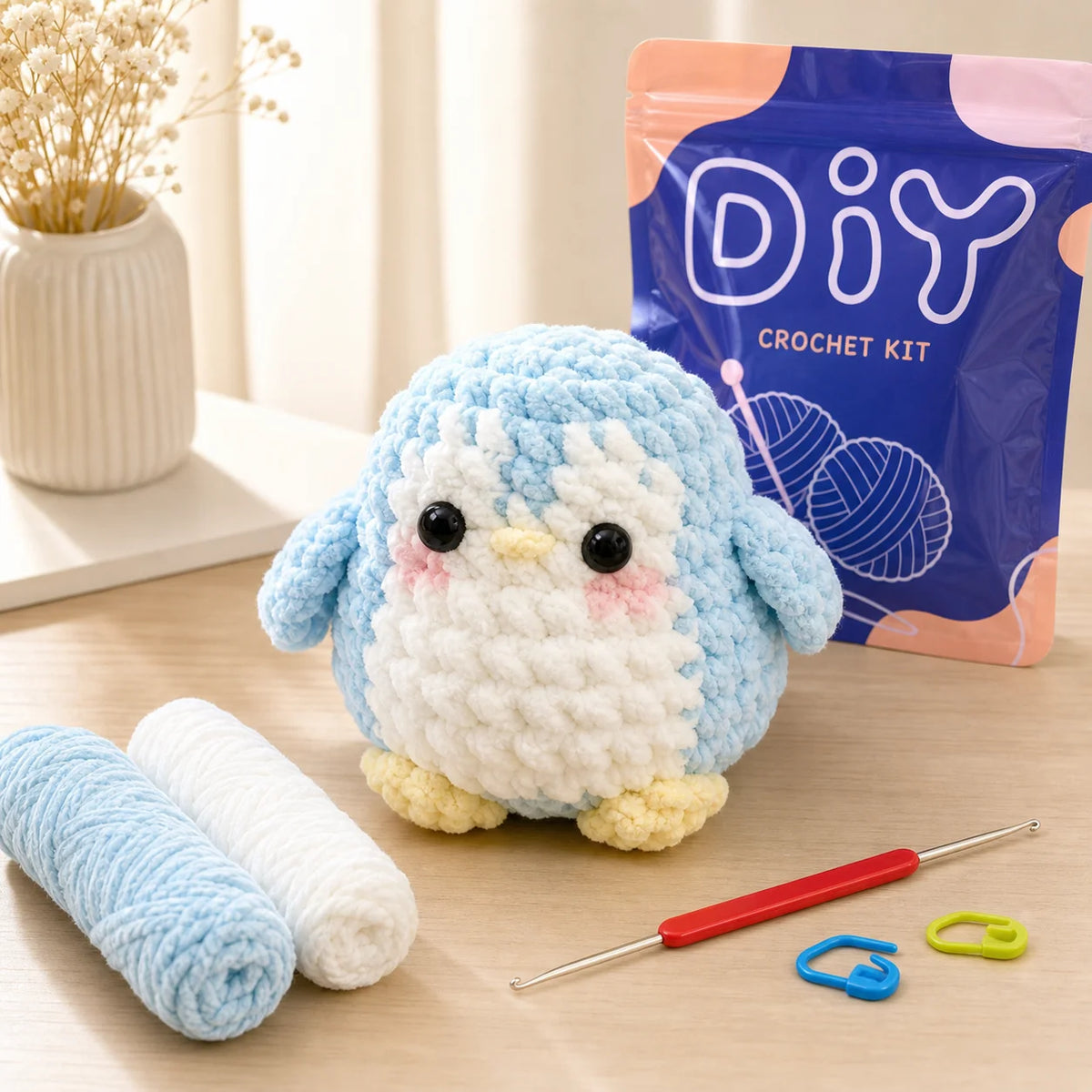 Kit crochet pingouin — fil chenille pour débutants