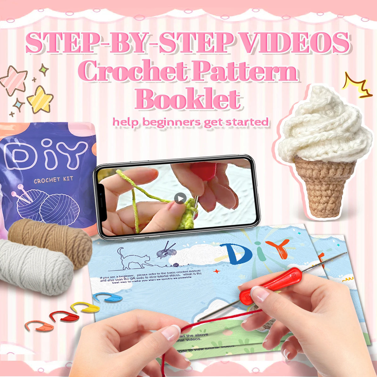 Kit crochet cornet de glace — décoration gourmande à suspendre
