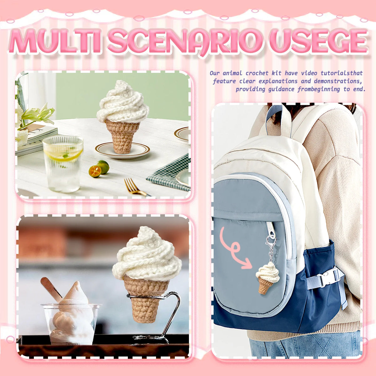 Kit crochet cornet de glace — décoration gourmande à suspendre